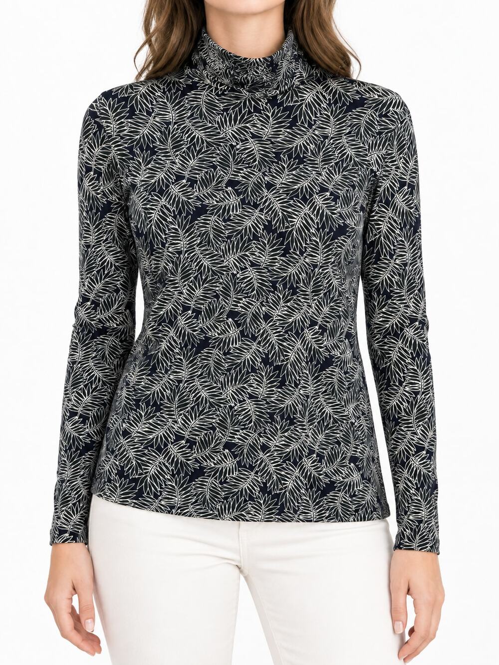St. John Women's Nuda Forest Leaf Print Mock Neck Long Sleeve Top XS Retail $595